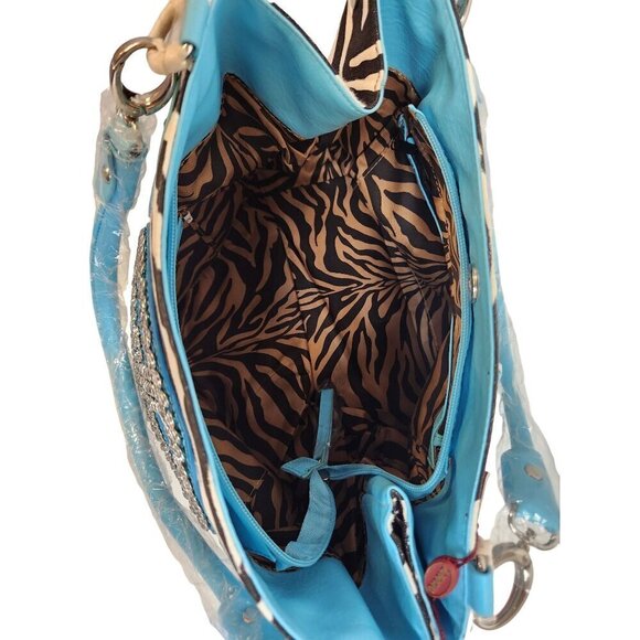 Diophy Zebra Print & Turquoise Shoulder Purse Bag With Studded Details - Picture 3 of 14